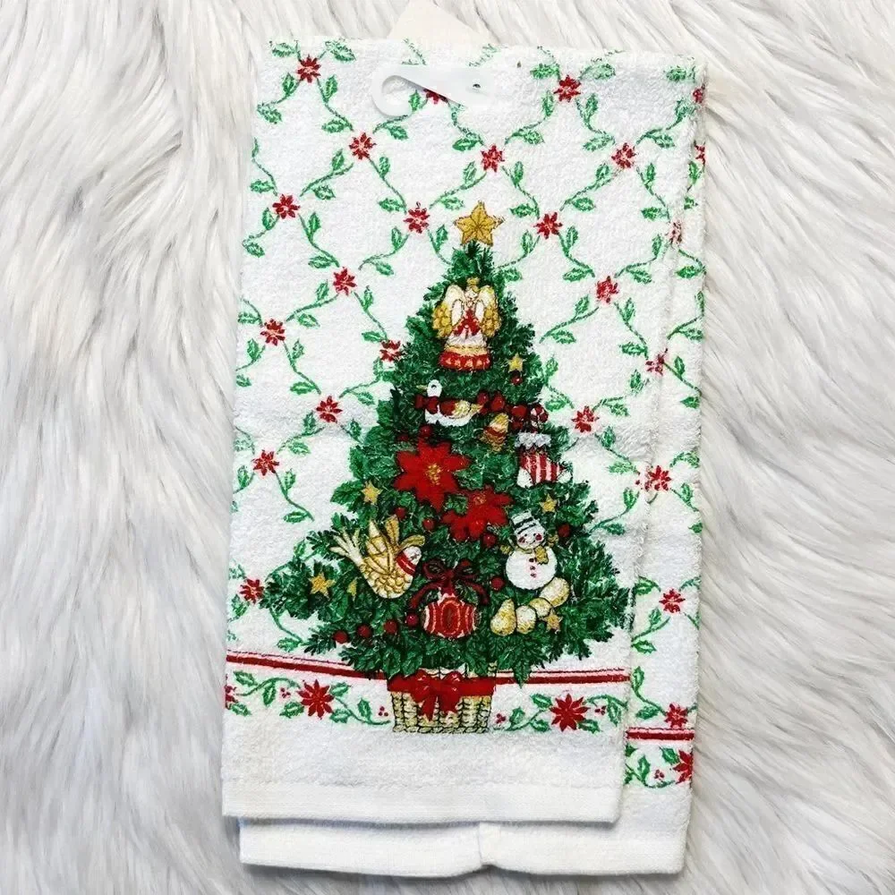 Happy Holidays Christmas Tree Kitchen Tea Towel White and Green